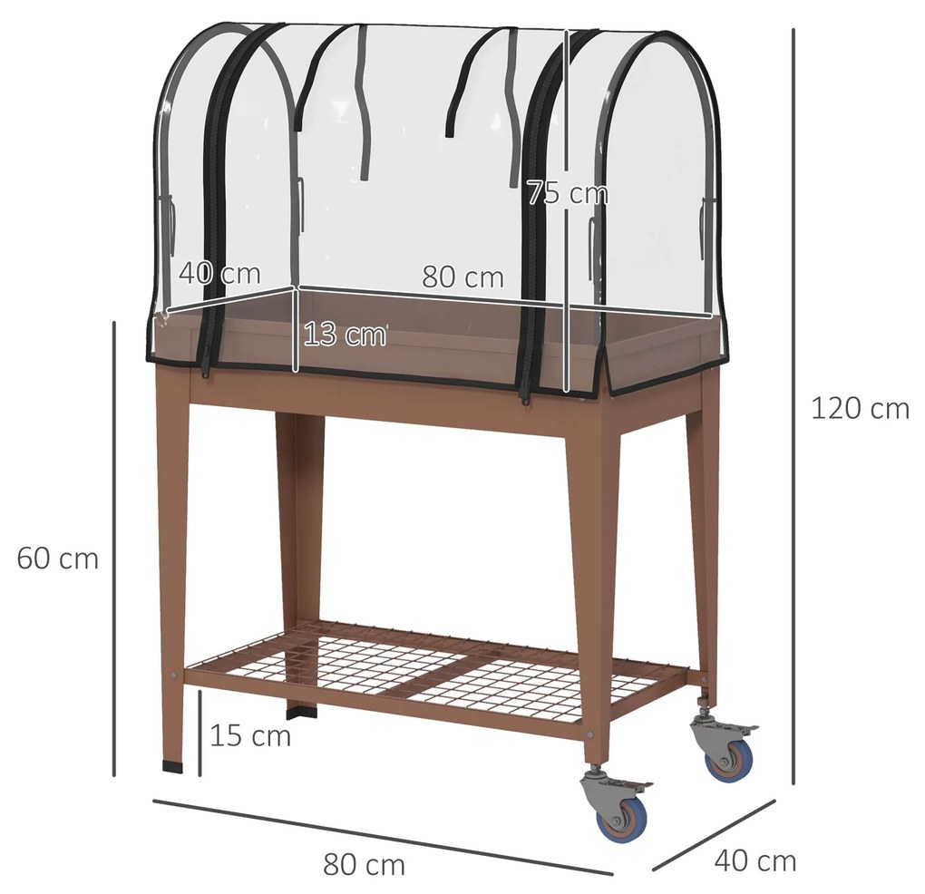 Mesa de Cultivo com Rodas 80x40x120 cm Horta Urbana Elevada com Cobertura de Estufa para Cultivar Plantas Flores Castanho