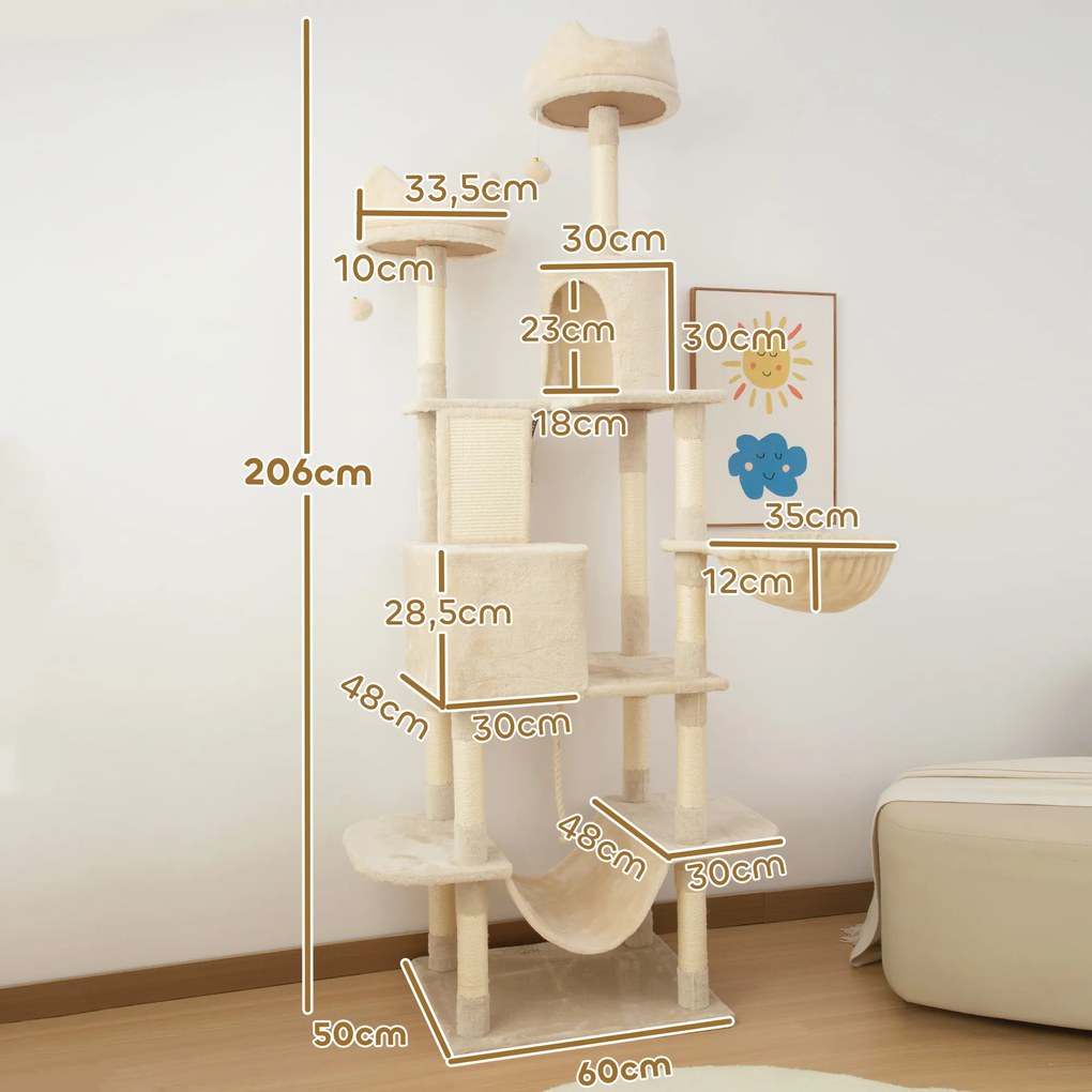 Arranhador para Gatos Grande Altura 173 cm Torre para Gatos com Plataformas Caverna Bolas Suspensa e Rede Bege