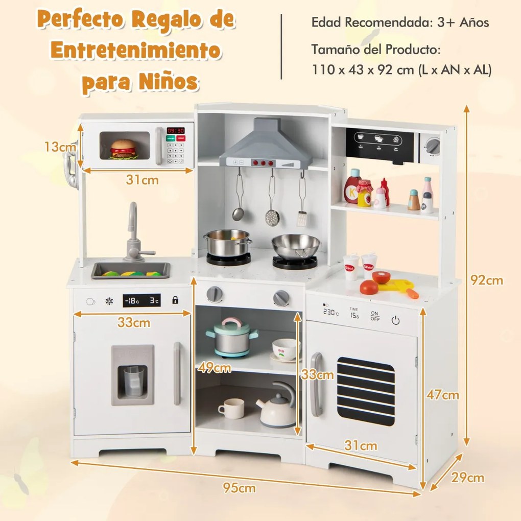 Cozinha de brincar em madeira para crianças com exaustor, exaustor de gelo, lava-loiça, torneira, forno de micro-ondas Branca