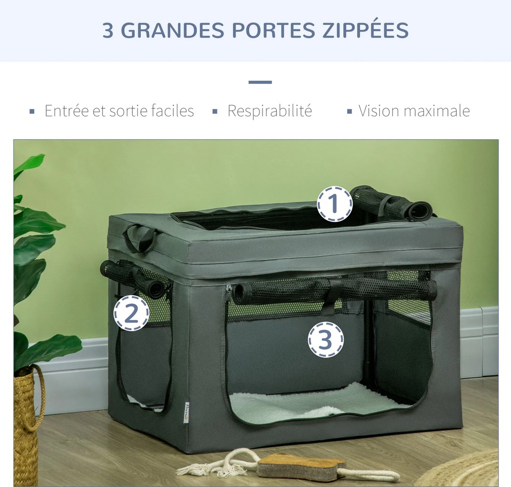 Saco de transporte dobrável para animais de estimação com alça em tecido de malha, 60 x 42 x 42 cm, cinzento-preto