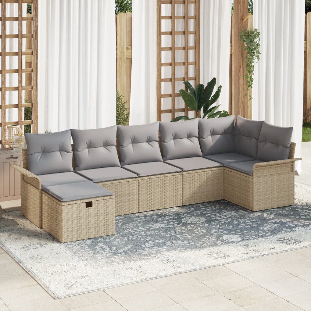 Conjunto de Sofá de Jardim de 7 Peças com Almofadas Bege em Rattan Pol