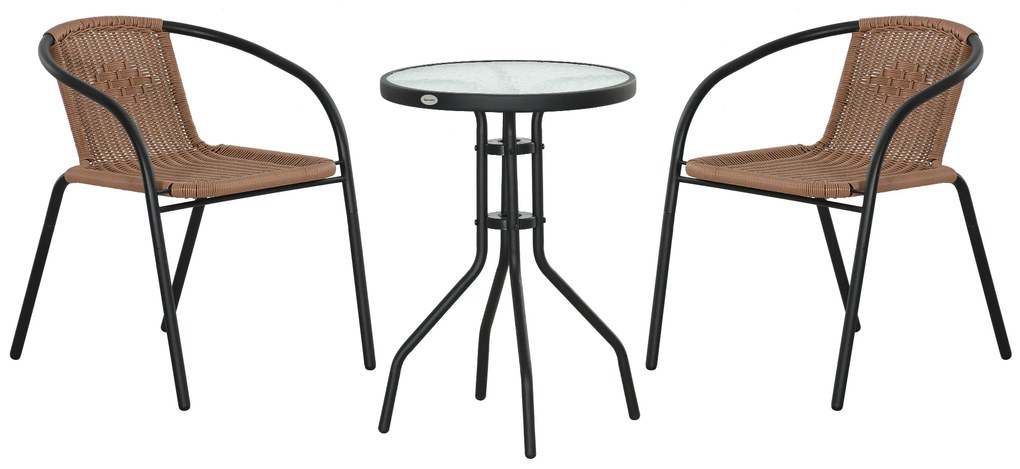 Outsunny Conjunto 3 Peças Vime Jardim 2 Cadeiras Empilháveis Mesa Centro Redonda Vidro Moderno Elegante Marróm | Aosom Portugal