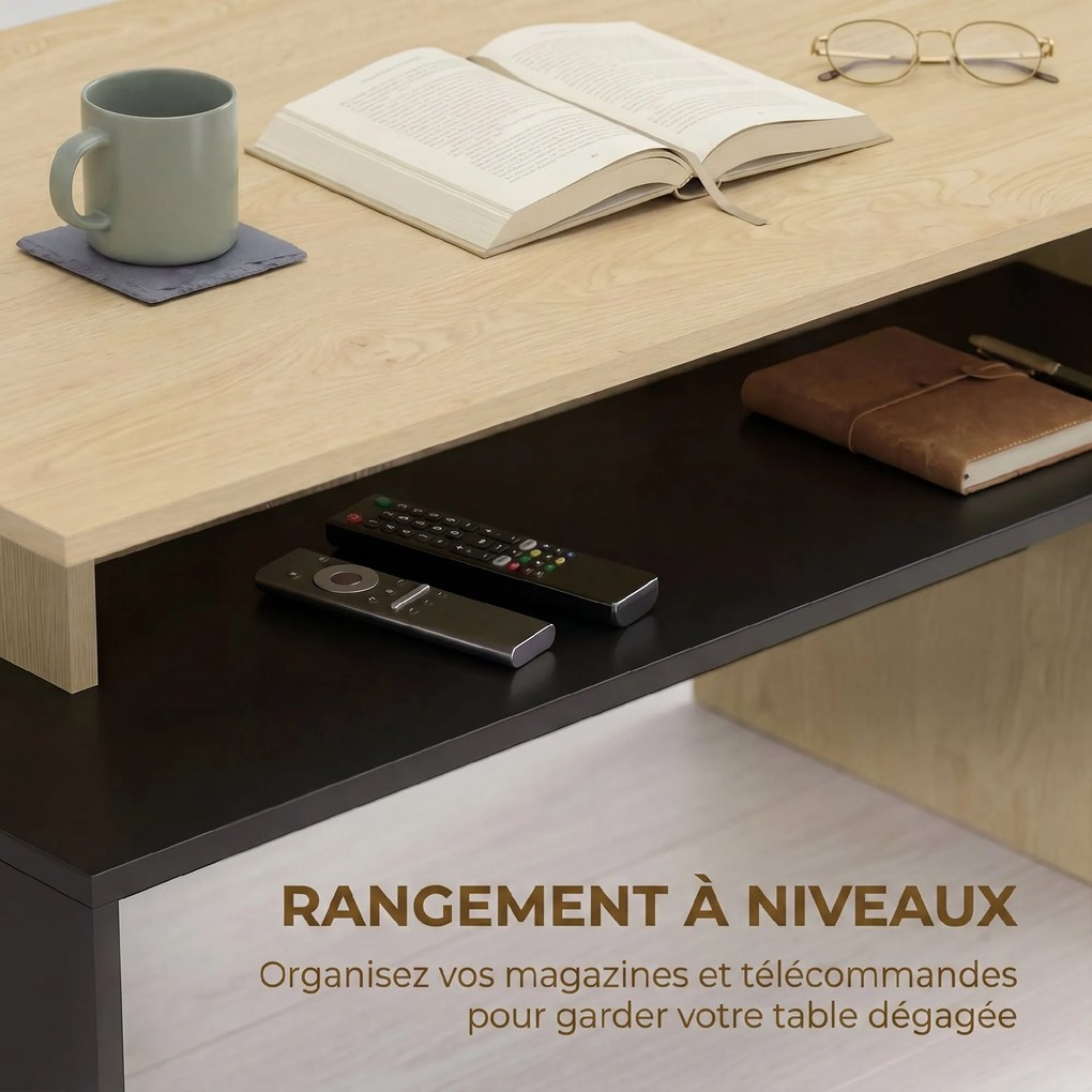 Mesa de centro 95 x 55 x 50 cm moderna bicolor com níveis deslocados e prateleira de arrumação , cor madeira natural e preta