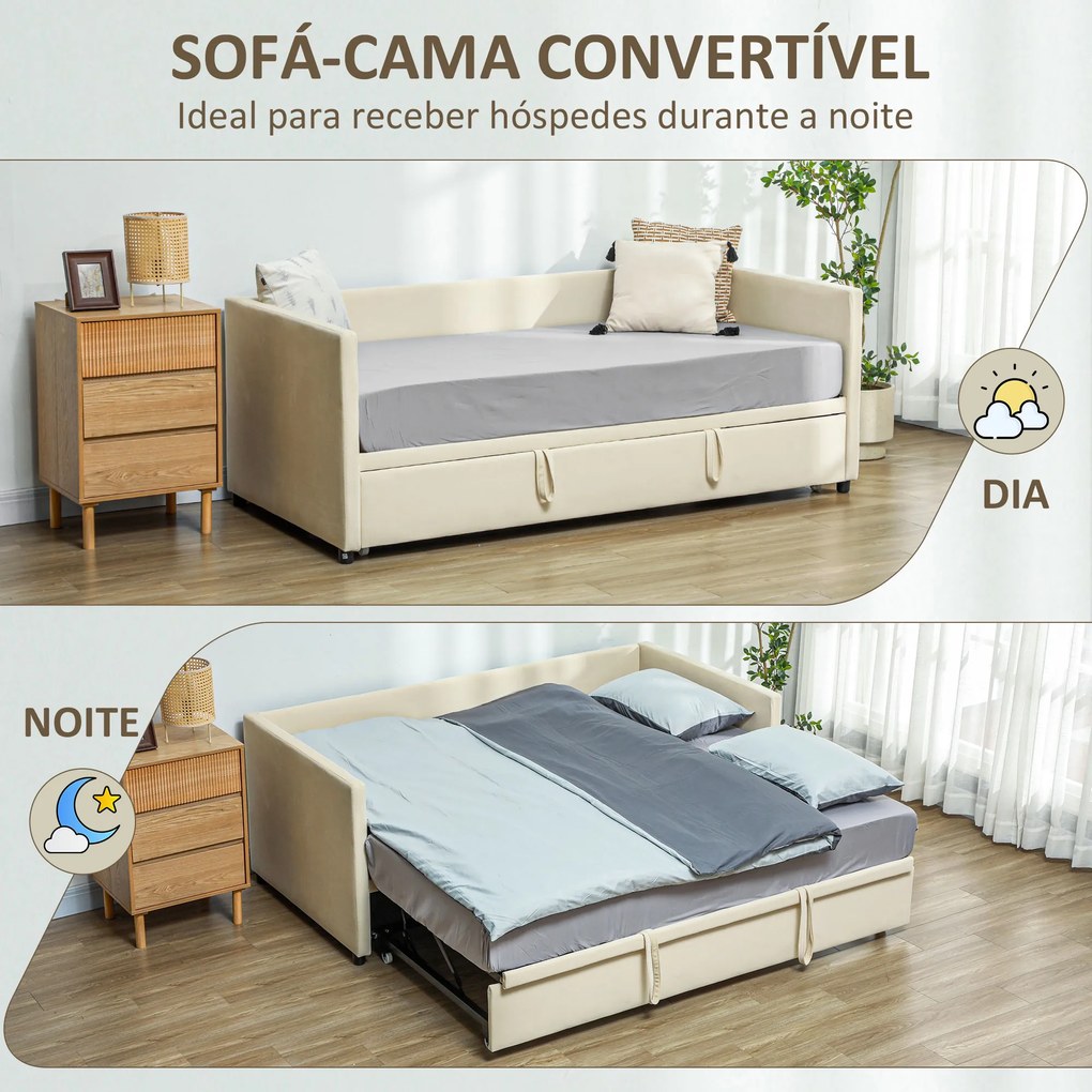Estrutura para Sofá Cama 2 em 1 Sofá de Dois Lugares Cama de Casal com Rodas para Colchões de 90x190 cm Bege
