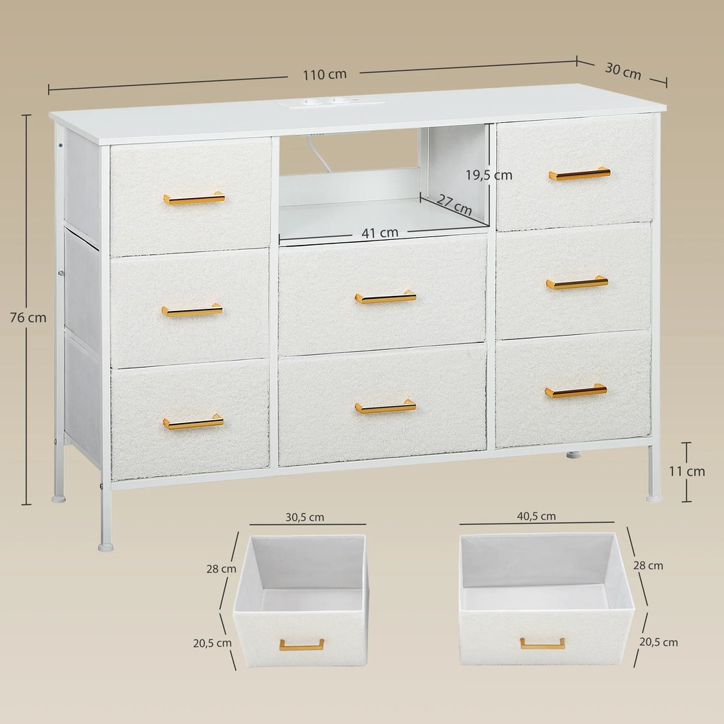 Cómoda com 8 gavetas em tecido felpudo, móvel de arrumação com 2 tomadas, estrutura em aço 110 x 30 x 76 cm, cor creme