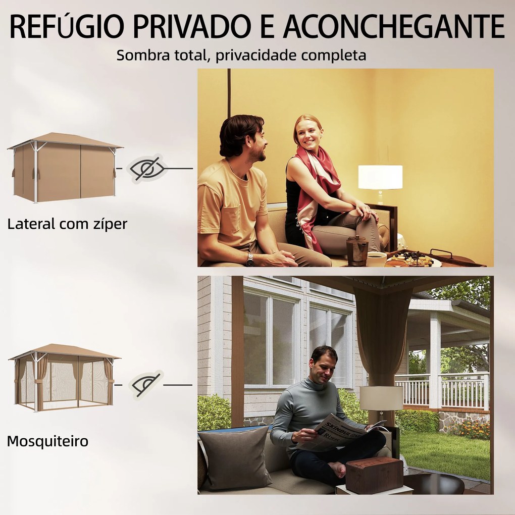 Pergola para Jardim 3x4 m com Telhado Ventilado, 4 Painéis e 4 Mosquiteiras UPF50+ para Exterior, Terraço Caqui