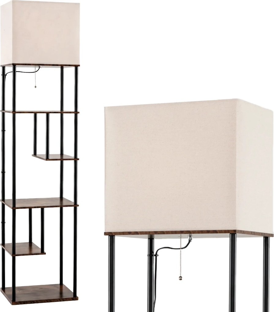 Candeeiro de pé industrial com 5 estantes abertos escalonados 40 x 29 x 172 cm, abajur de linho, Estrutura metálica e casquilho E27 para sala de estar