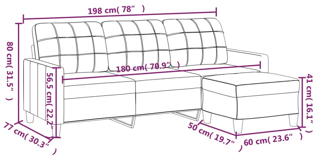 Sofá 3 lugares c/ apoio pés 180 cm couro artificial cappuccino