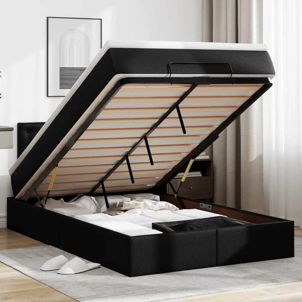 Cama otomana com colchões&LEDs 120x190cm couro artificial preto