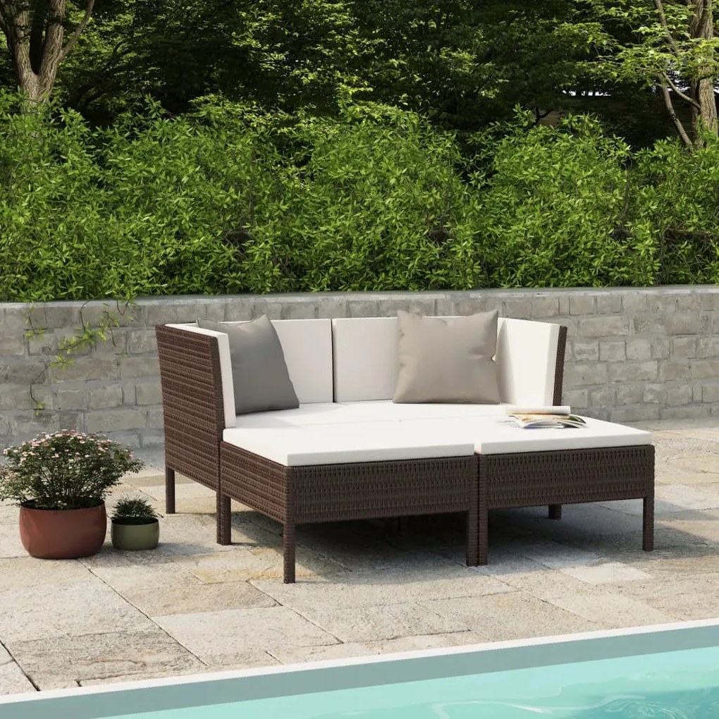 vidaXL 4 pcs conjunto lounge jardim c/ almofadões vime PE castanho