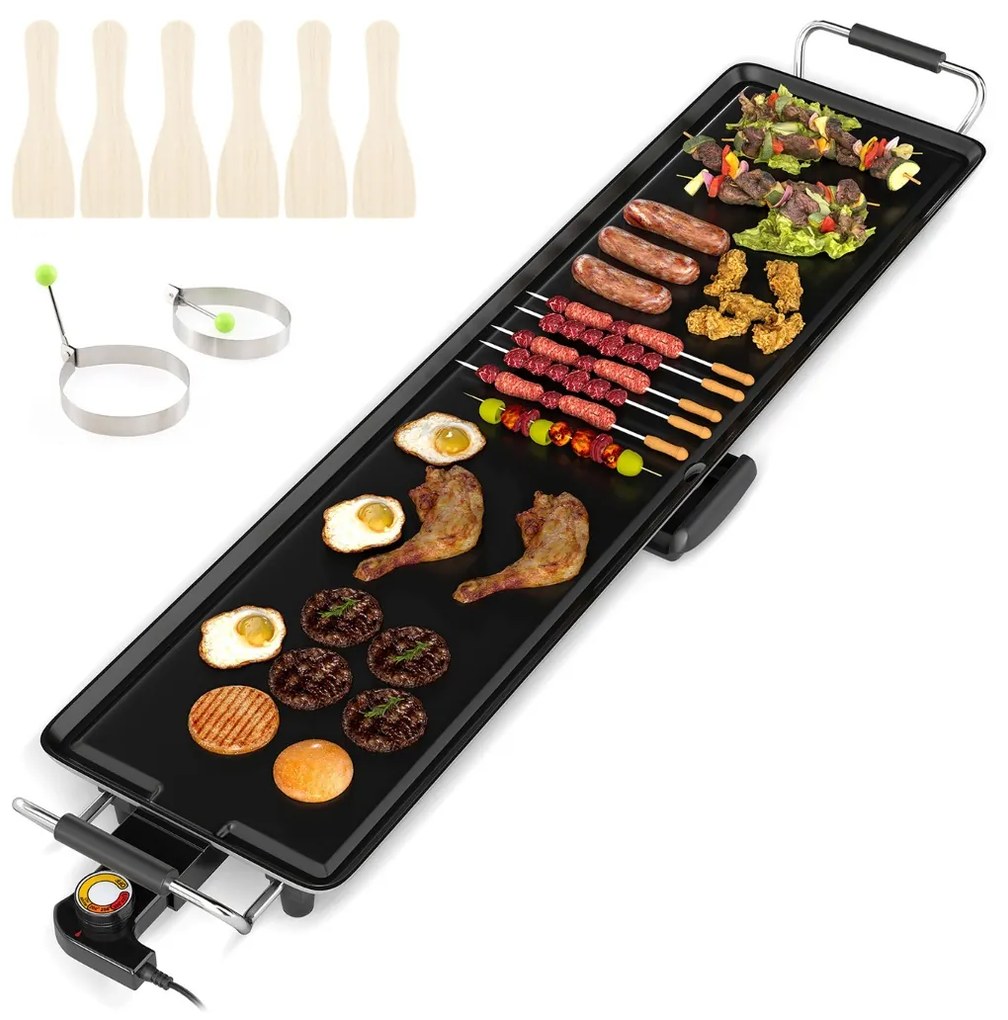 Grelhador elétrica portátil 105x24x10,5 cm com 2 superfícies de cozedura Termostato de 4 níveis e tabuleiro removível