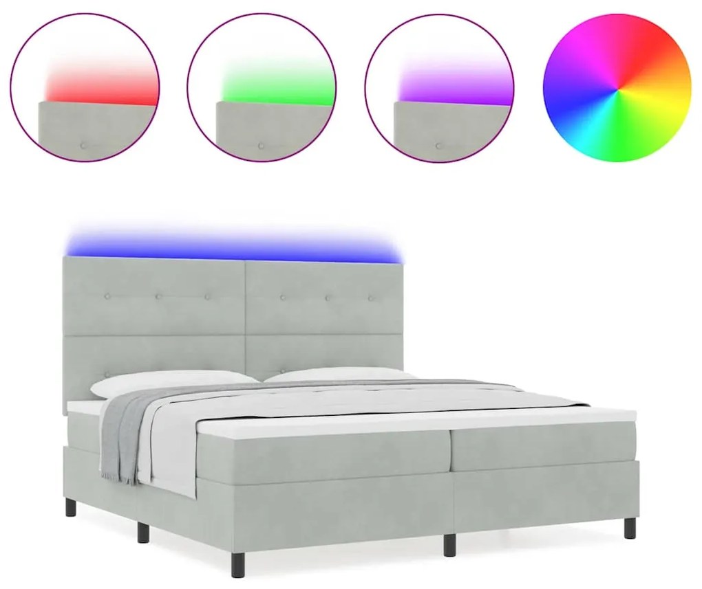 Cama Box Spring com Colchão e Luz LED Cinzento Claro 200x200 cm em Vel