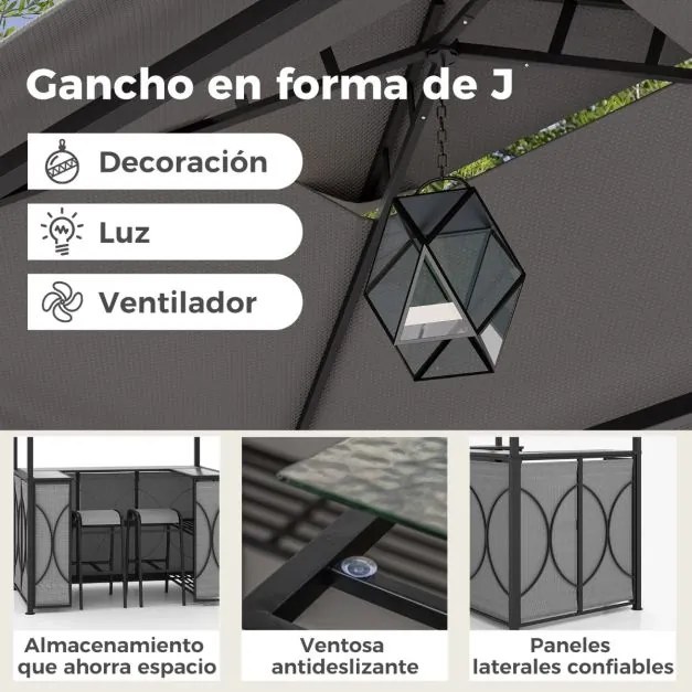 Conjunto de bar de Jardim de 3 peças Tenda de churrasco + 2 bancos de bar Mesa temperada Estantes de metal e suportes de vidro Cinzento