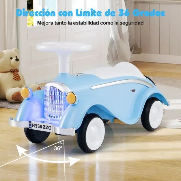 Andarilho montar carro clássico deslizante com volante, buzina, luz LED e espaço de armazenamento sob o assento para crianças de 19 a 36 meses, azul