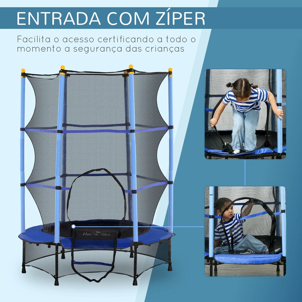 Trampolim para Crianças com Rede de Segurança e Estrutura de Aço para Interiores e Exteriores Carga 50kg Ø140x190 cm Azul