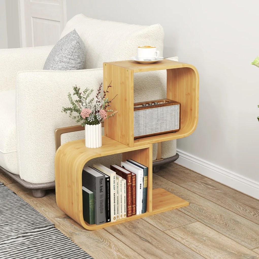 Estante de bambu de 2 níveis em forma de S com 2 cubos abertos geométrica para escritório em casa Natural