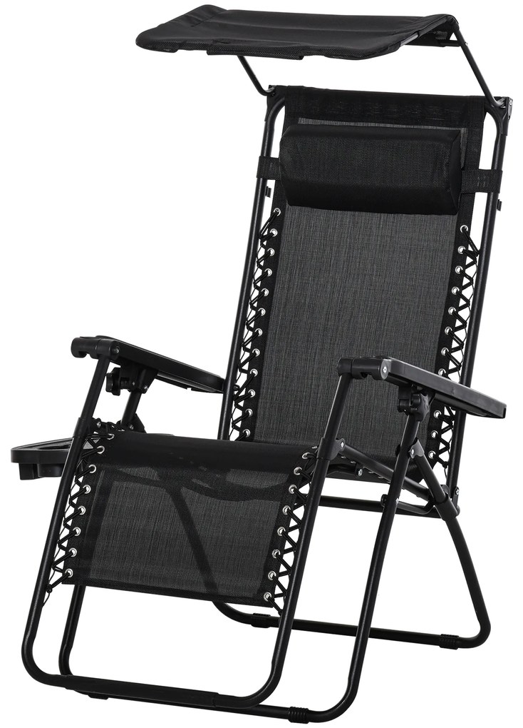 Outsunny Espreguiçadeira Dobrável Gravidade Zero com Toldo Apoio para os Braços Espreguiçadeira Reclinável com Bandeja Removível 90x67x110cm Preto