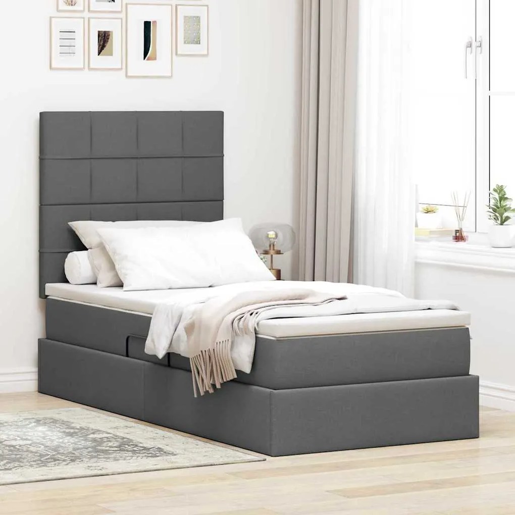 vidaXL Cama com arrumação e colchão Cinza Escuro 90 x 190 cm Poliéster