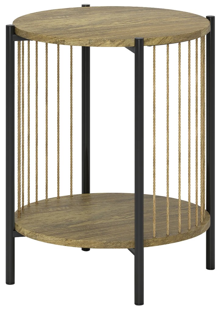 HOMCOM Mesa Auxiliar Redonda de 2 Níveis Mesa Auxiliar Boémia com Prateleira e Estrutura em Aço 43,5x43,5x51 cm Madeira e Preto | Aosom Portugal