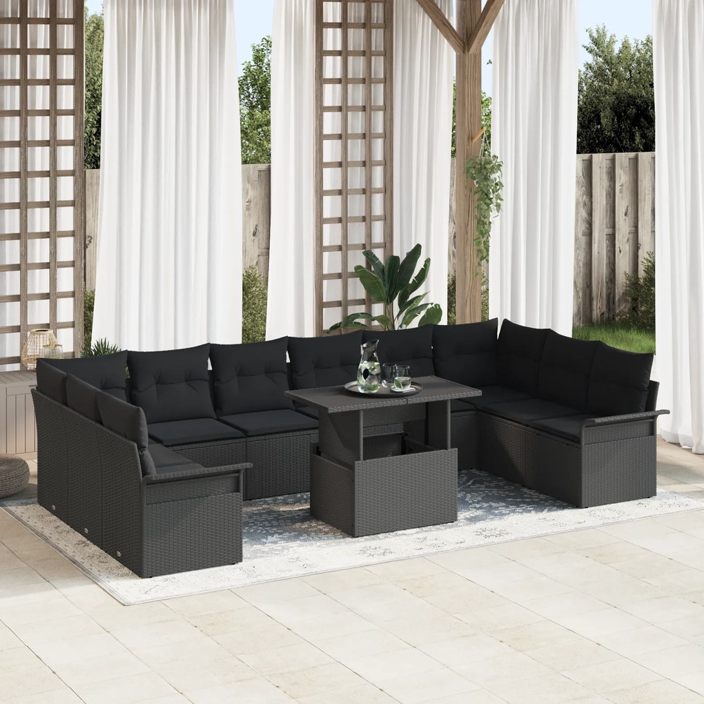 Conjunto de Sofá de Jardim de 11 Peças com Almofadas Preto em Polyratt