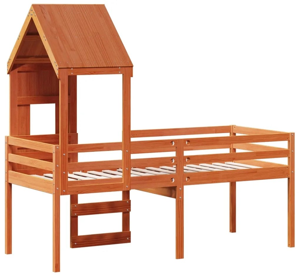 Cama alta com telhado 90x200 cm pinho maciço castanho-mel