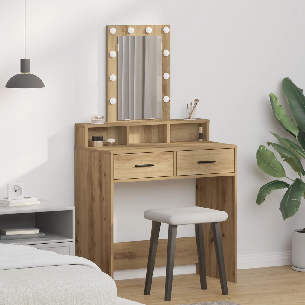 Mesa de Maquiagem vidaXL com Luzes LED Carvalho Artisan 79x41x140 cm