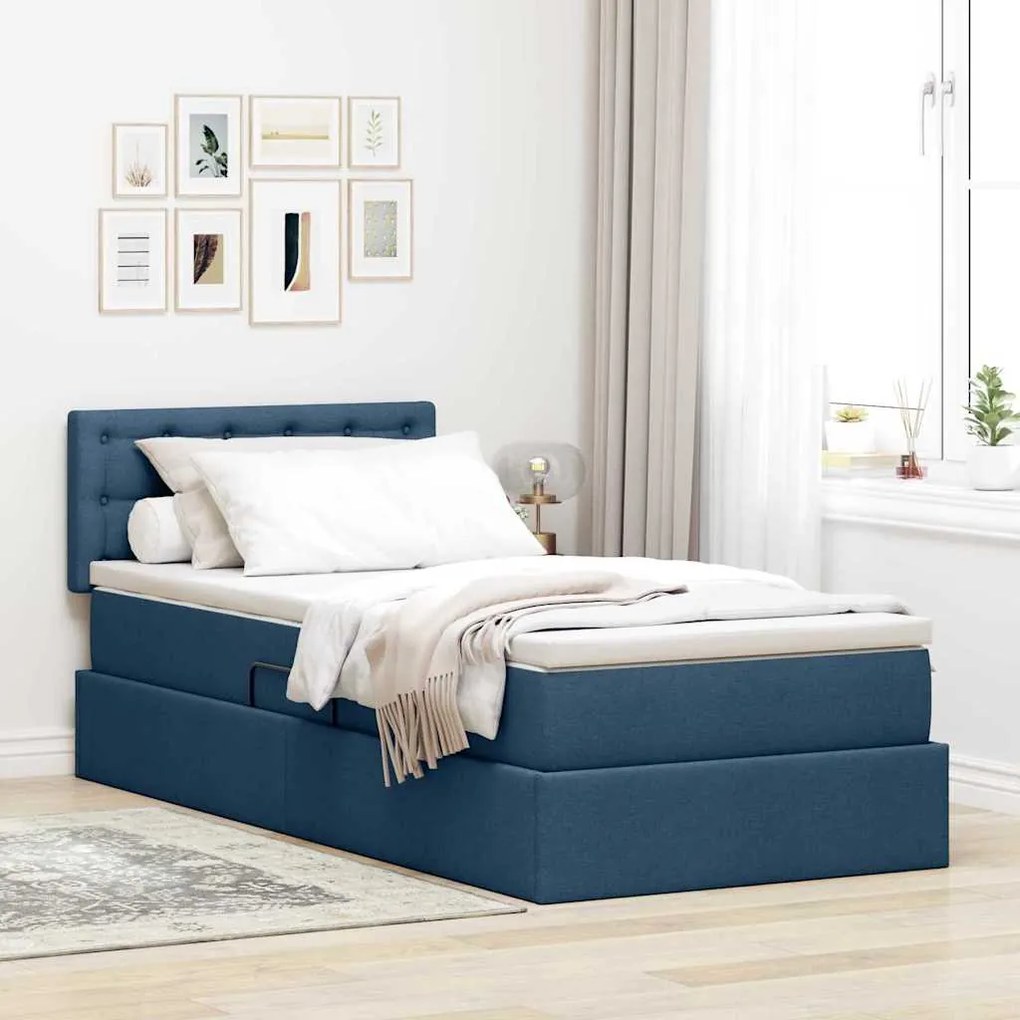 vidaXL Cama com arrumação e LED com colchão Azul 90 x 200 cm tecido