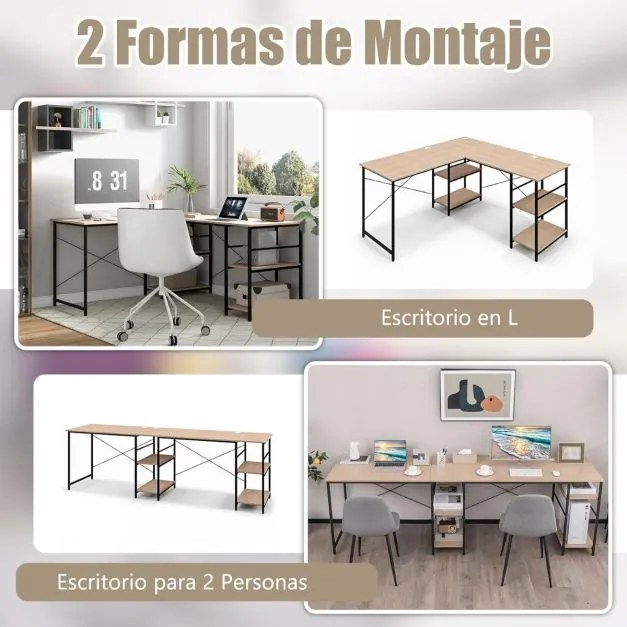 Secretária com prateleiras de armazenamento em forma de L Secretária de canto industrial em madeira 242 × 60 × 75 cm Natural
