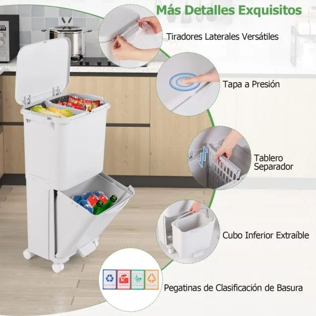 Caixote do lixo de 2 níveis Capacidade 40L Caixote do lixo de cozinha com fundo inclinado Design Rodas Altura elevada com pedal