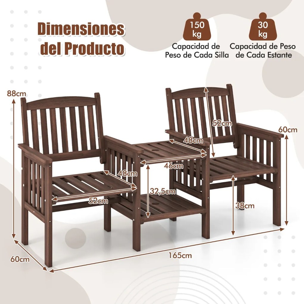 Banco de jardim com mesa com 2 níveis e orifício para guarda-sol em madeira de abeto natural castanho escuro