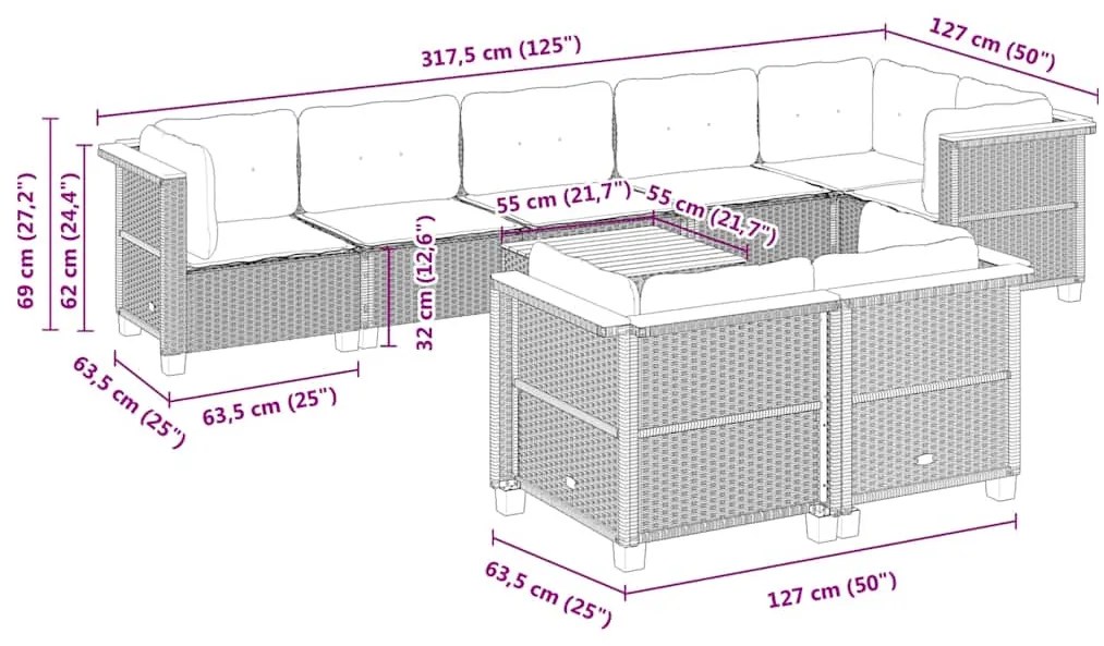 9 pcs conjunto de sofás p/ jardim com almofadões vime PE bege