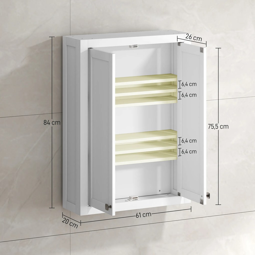 Armário de parede para casa de banho 61 x 20 x 84 cm com 3 níveis, móvel suspenso de arrumação com 2 portas e prateleira ajustável, branco