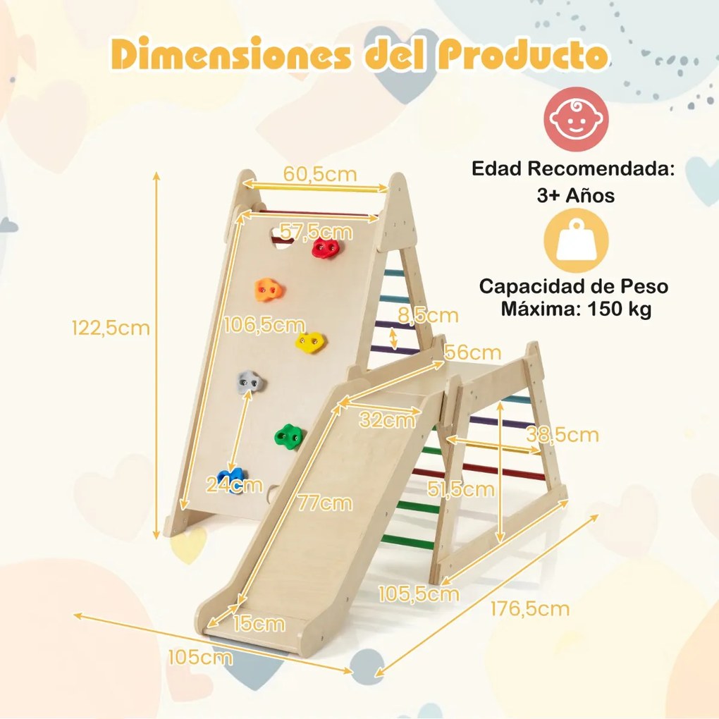 Conjunto de escalada interior para crianças 3 em 1 com escorrega, parede de escalada e escada de madeira para crianças com mais de 3 anos Multicolor