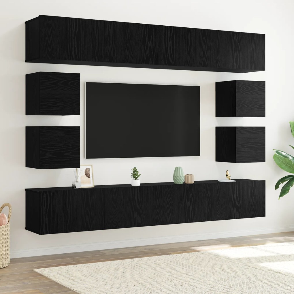 vidaXL Conjunto de 8 Peças para TV – Montado na parede em Madeira de Carvalho Preto