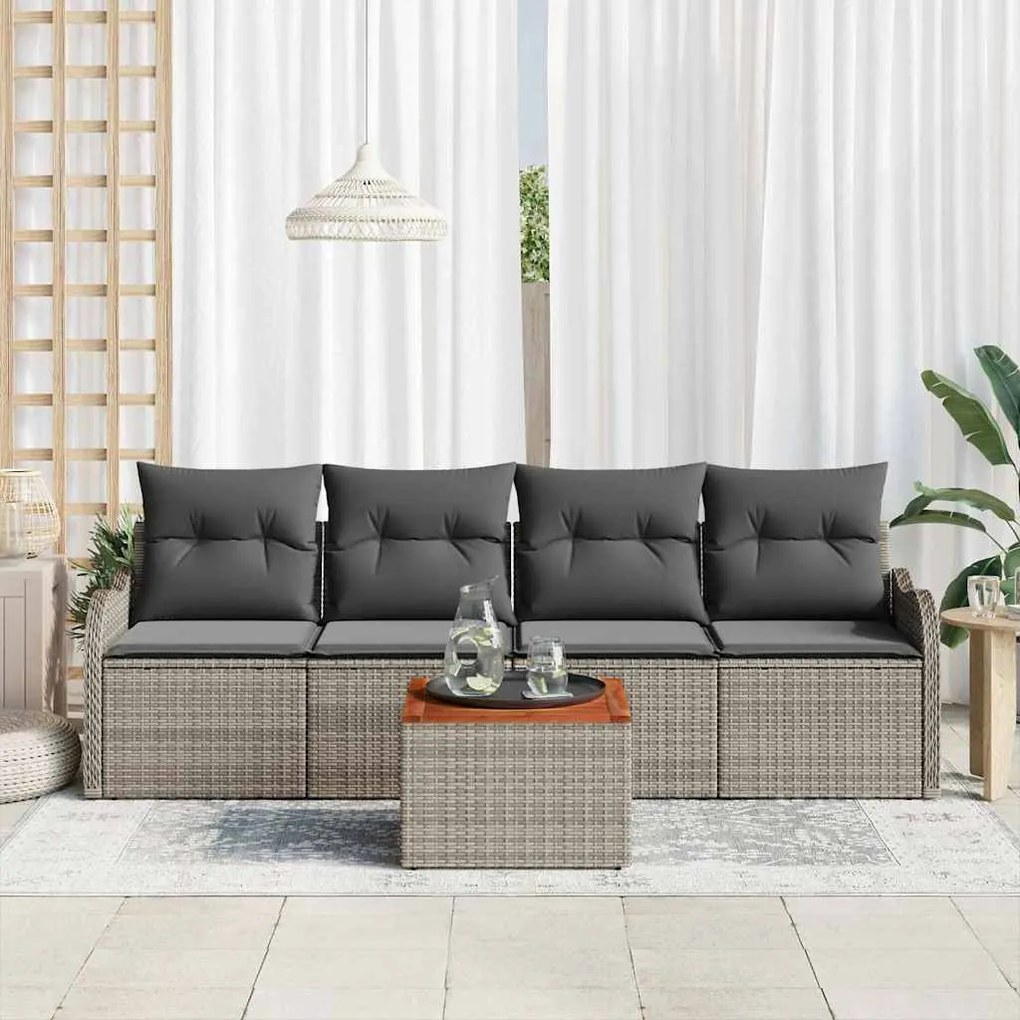 Conjunto de Sofá de Jardim de 5 Peças com Almofadas Cinza em Rattan Si