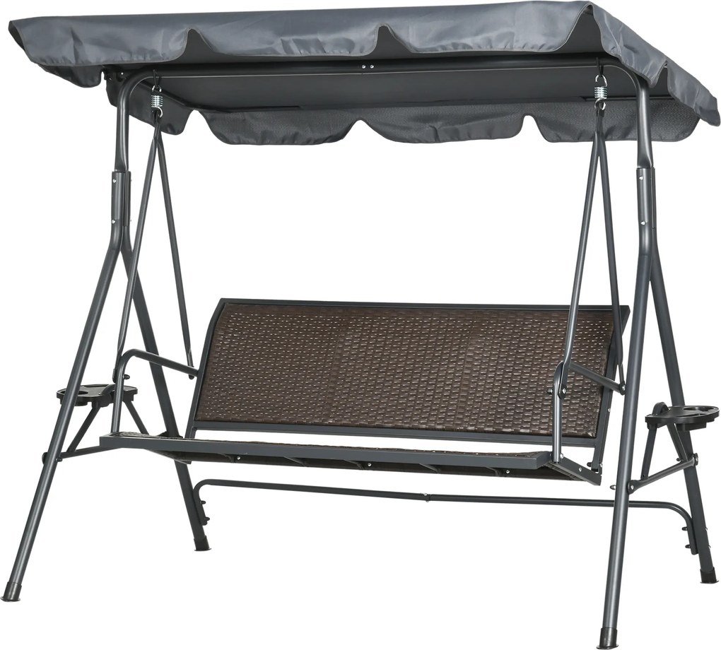 Baloiço de jardim de 3 lugares com teto de inclinação ajustável, porta-copos e tabuleiros, assento e encosto ergonómicos