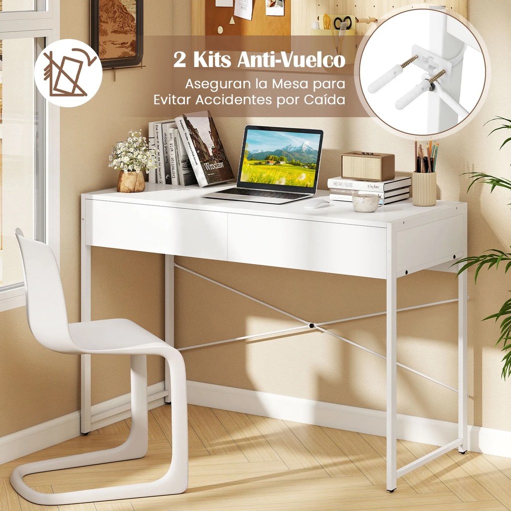 Secretária para computador 111 x 48 x 76 cm com 2 gavetas e estrutura metálica resistente para quarto, escritório, casa ou sala de jogos - Branca