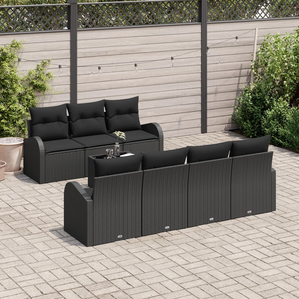 Conjunto de Sofá de Jardim de 8 Peças com Almofadas Preto Rattan Polié