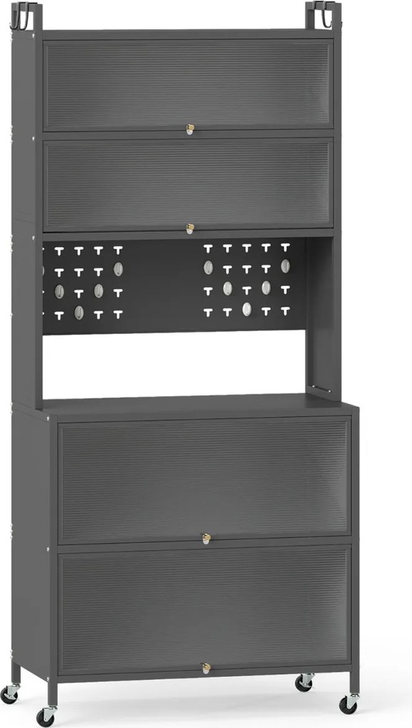 Armário de cozinha 80 x 40 x 178 cm com 6 níveis com prateleiras Portas basculantes Bancada para micro-ondas Cinzento