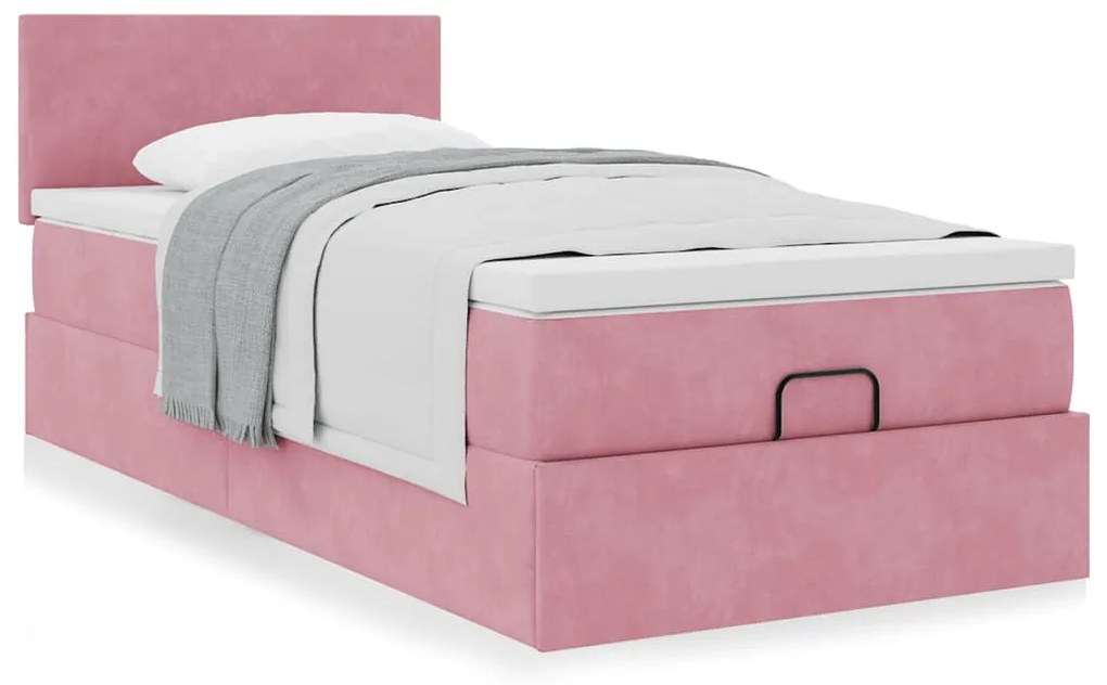 Estrutura de cama otomana com colchão rosa 90x200cm veludo