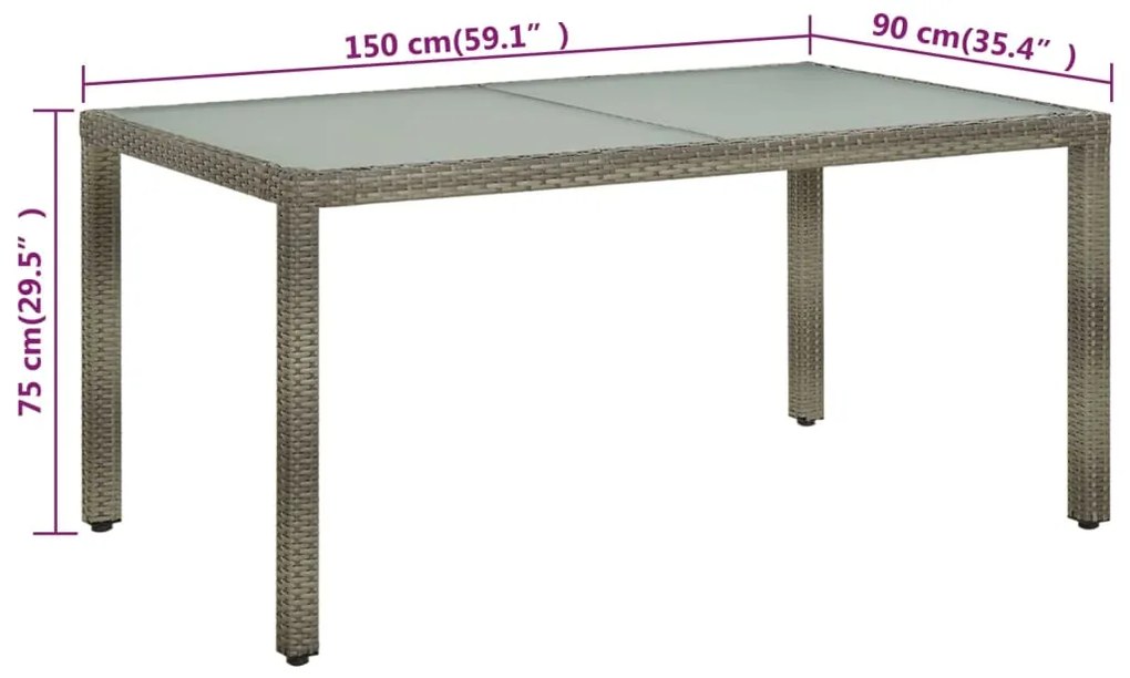 Mesa de jardim 150x90x75 cm vidro temperado e vime PE cinzento