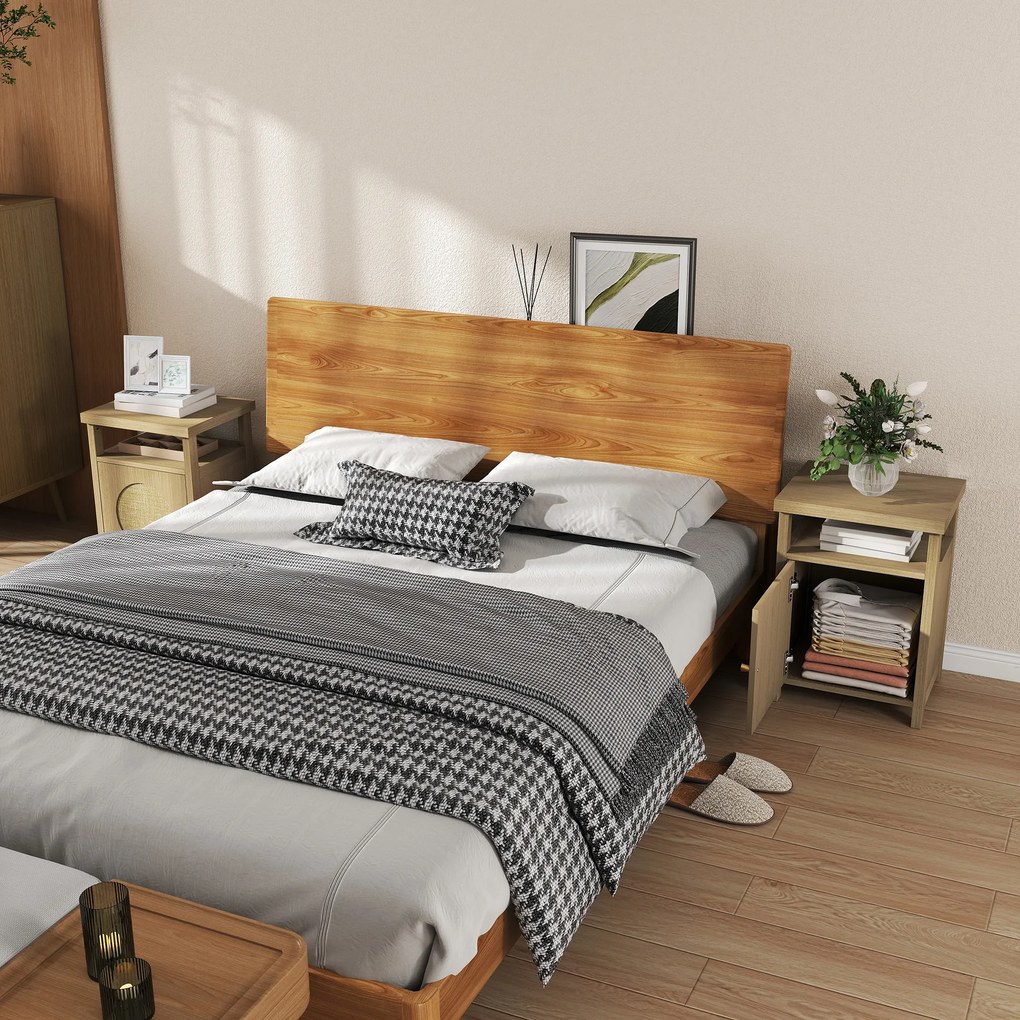 Conjunto de 2 mesas de cabeceira estreitas 40 x 35 x 55 cm,, com prateleira auxiliar, compartimento aberto e armário, acabamento em rattan, castanhas