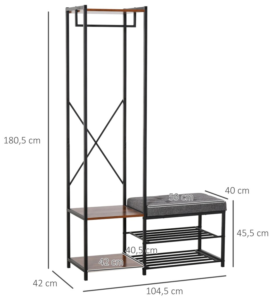 HOMCOM Móvel Cabide de Entrada com Sapateira Banco e Prateleiras Armário de Entrada com Cabides 104,5x42x180,5cm Marrom e Preto