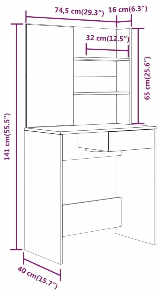 Toucador com espelho 74,5x40x141 cm cor carvalho castanho