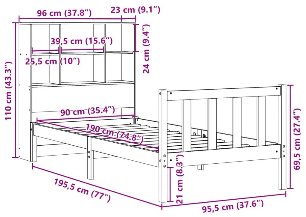 Cama com estante sem colchão 90x190cm pinho maciço castanho-mel