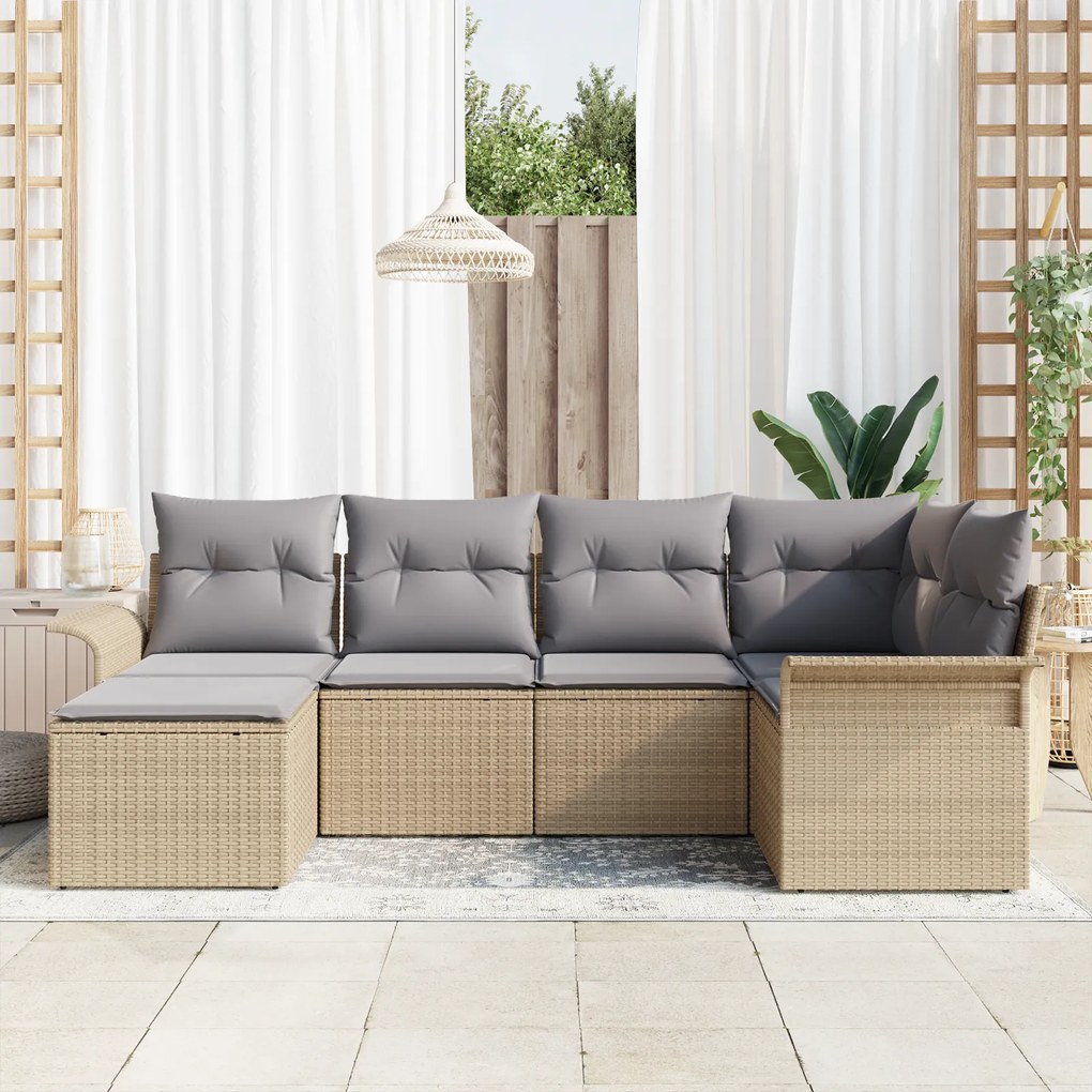 Conjunto de Sofás de Jardim vidaXL 6 Peças com Almofadas Bege em Ratta