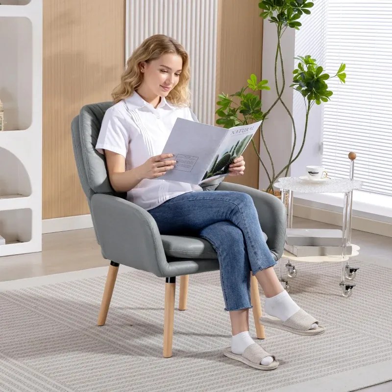 Poltrona de Sala de Estar Moderna Acolchoada de Dupla Camada Estofada em Couro Sintético Pés de Madeira 68x74x89 cm Cinza