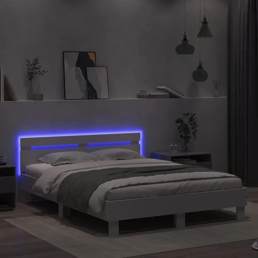 Estrutura de cama c/ cabeceira e luzes LED 150x200 cm branco