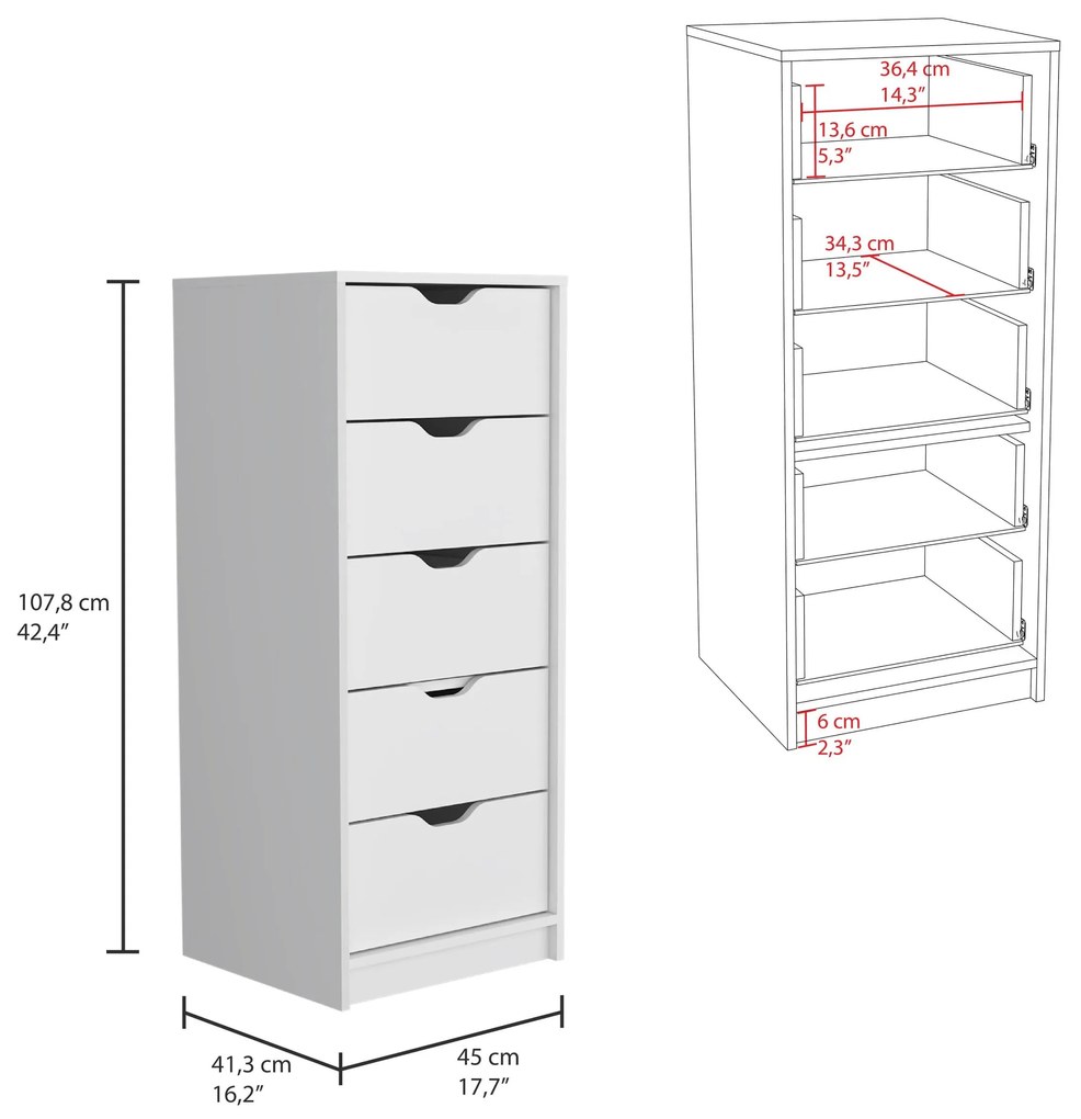 Cômoda estreita Basel 5 gavetas 107,8 cm x 45 x 41,3 cm brancas