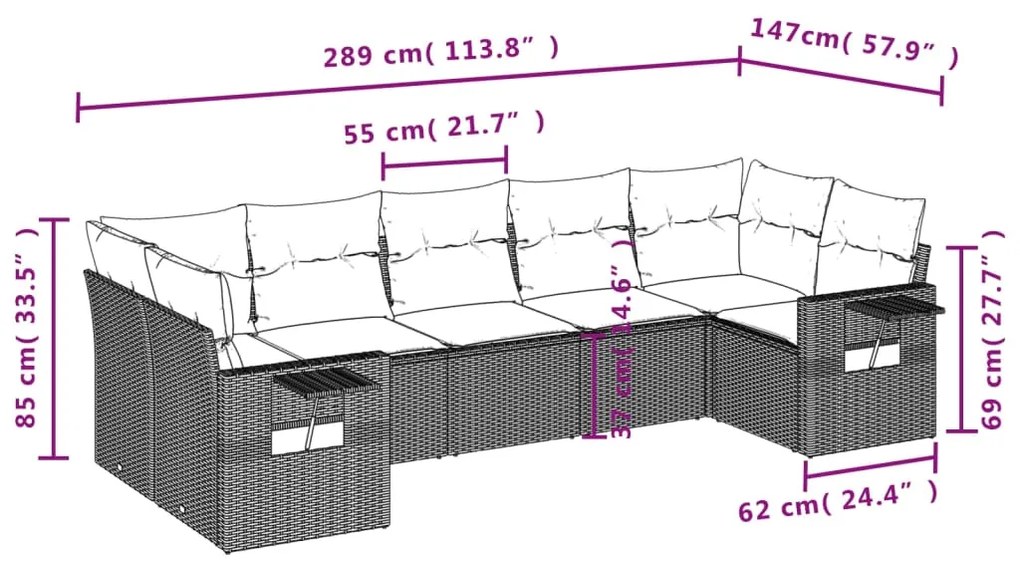 7 pcs conjunto de sofás p/ jardim c/ almofadões vime PE preto